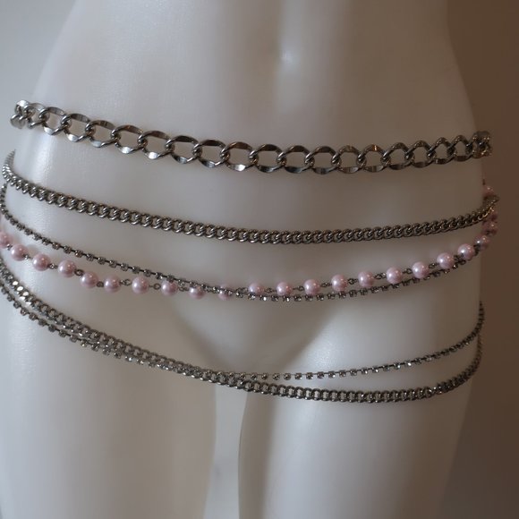Shag Boutique Silver Multi Chain & Pink Faux Pearls Hip Chain Belt* - Picture 2 of 9